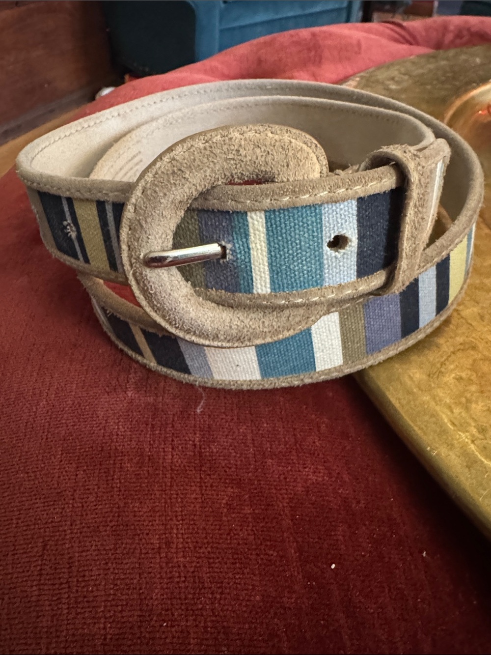 Eddie Bauer Striped Canvas Belt in Blue, Tan & White with Suede Buckle